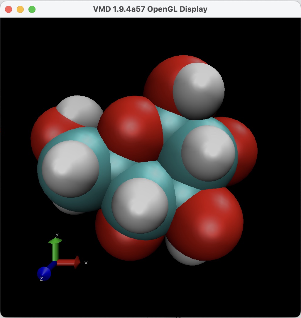 Représentation VDW du glucose dans le logiciel VMD